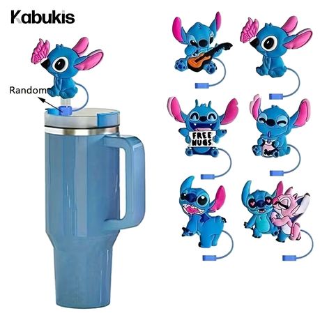 6 Pieces Stitch Reusable Silicone Straw Hats - Clip - On Tumbler Cover Tips Lids - Kabukis
