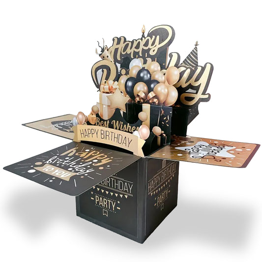 3D Pop - up Birthday Card Set - Elegant Black & Gold Card for Him or Her - Kabukis