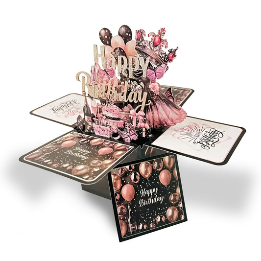 Black and Rose Gold 3D Pop - up Birthday Card Set - Elegant Surprise - Kabukis