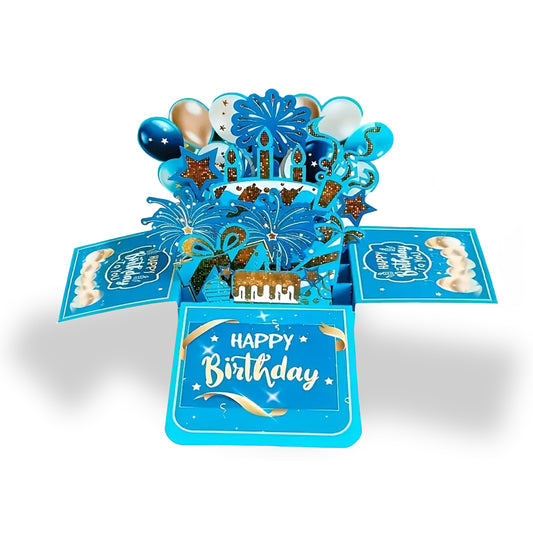 3D Pop - up Birthday Card Set - Elegant Blue & Gold Surprise for Him or Her - Kabukis