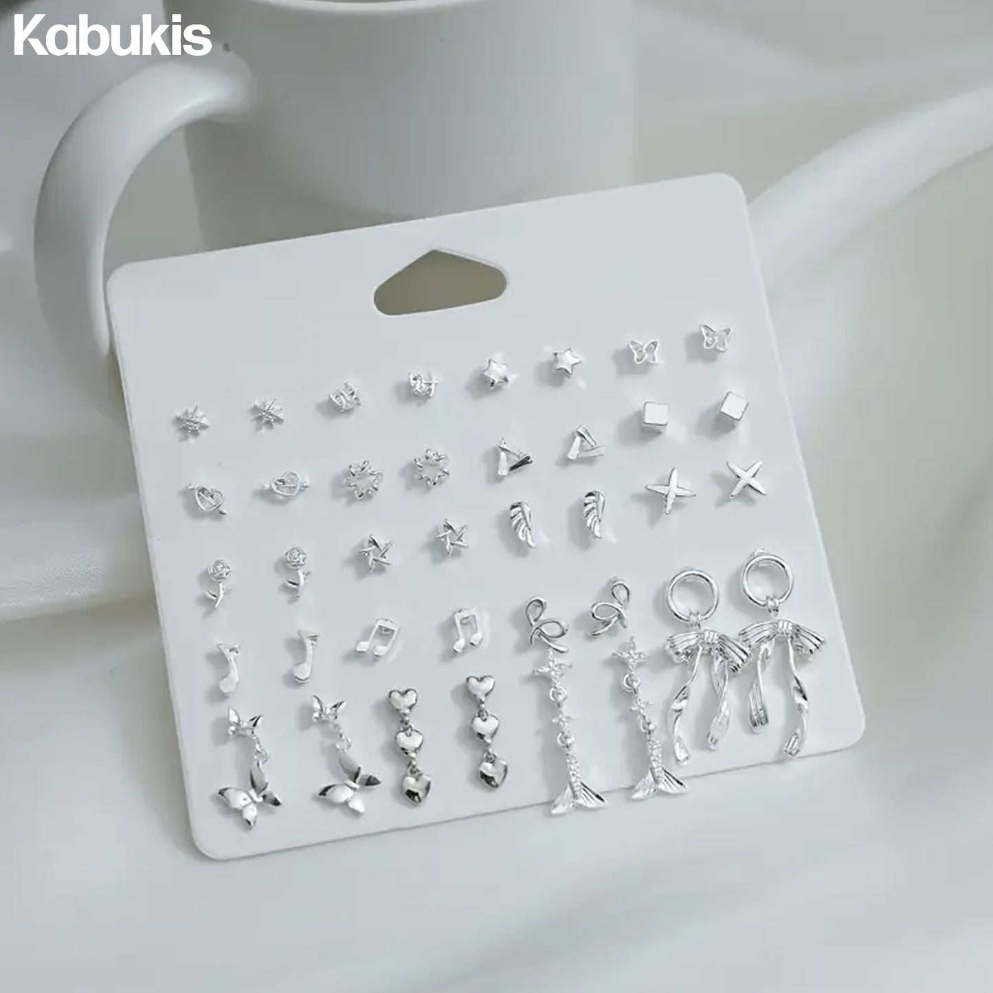 Kabukis 20 Pairs Elegant & Sexy Alloy Earrings Set - Sterling Silver Style - Kabukis