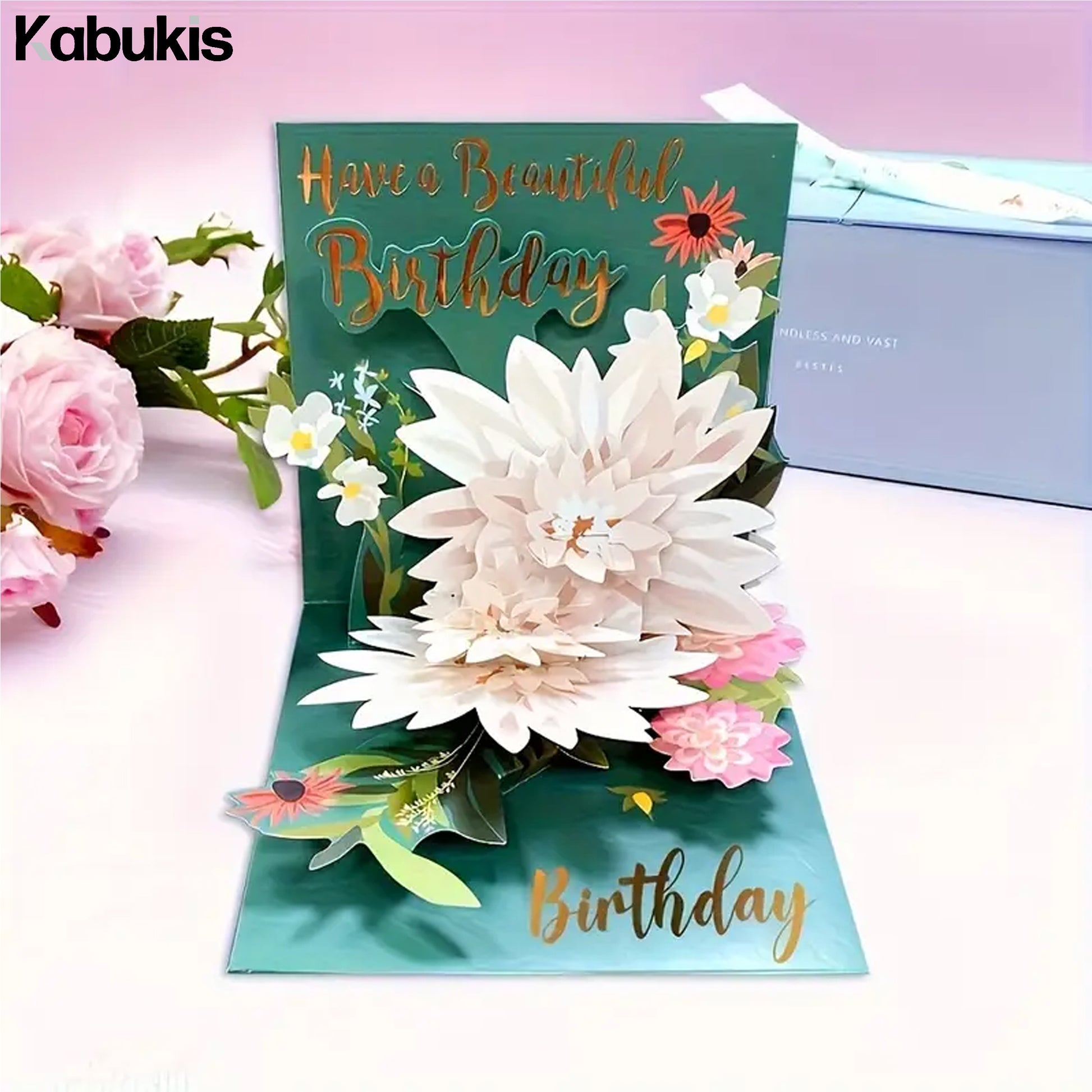 Kabukis 3D Pop - Up Floral Birthday Card - Vibrant Teal & Golden Delight - Kabukis