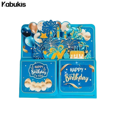 3D Pop - up Birthday Card Set - Elegant Blue & Gold Surprise for Him or Her - Kabukis