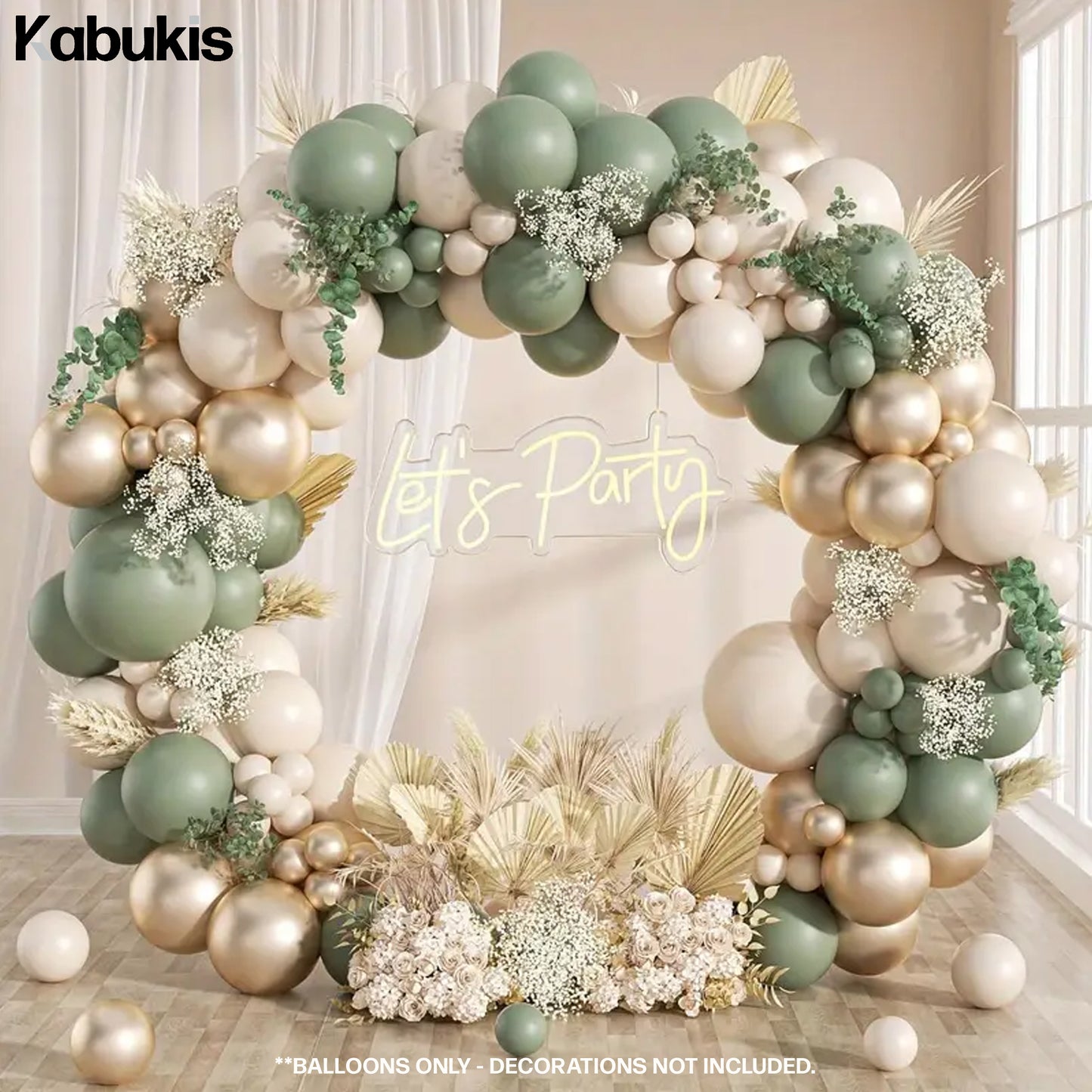 Kabukis 48 Piece Sage Green, Golden & White Balloon Arch Kit - Easy Assembly - Kabukis