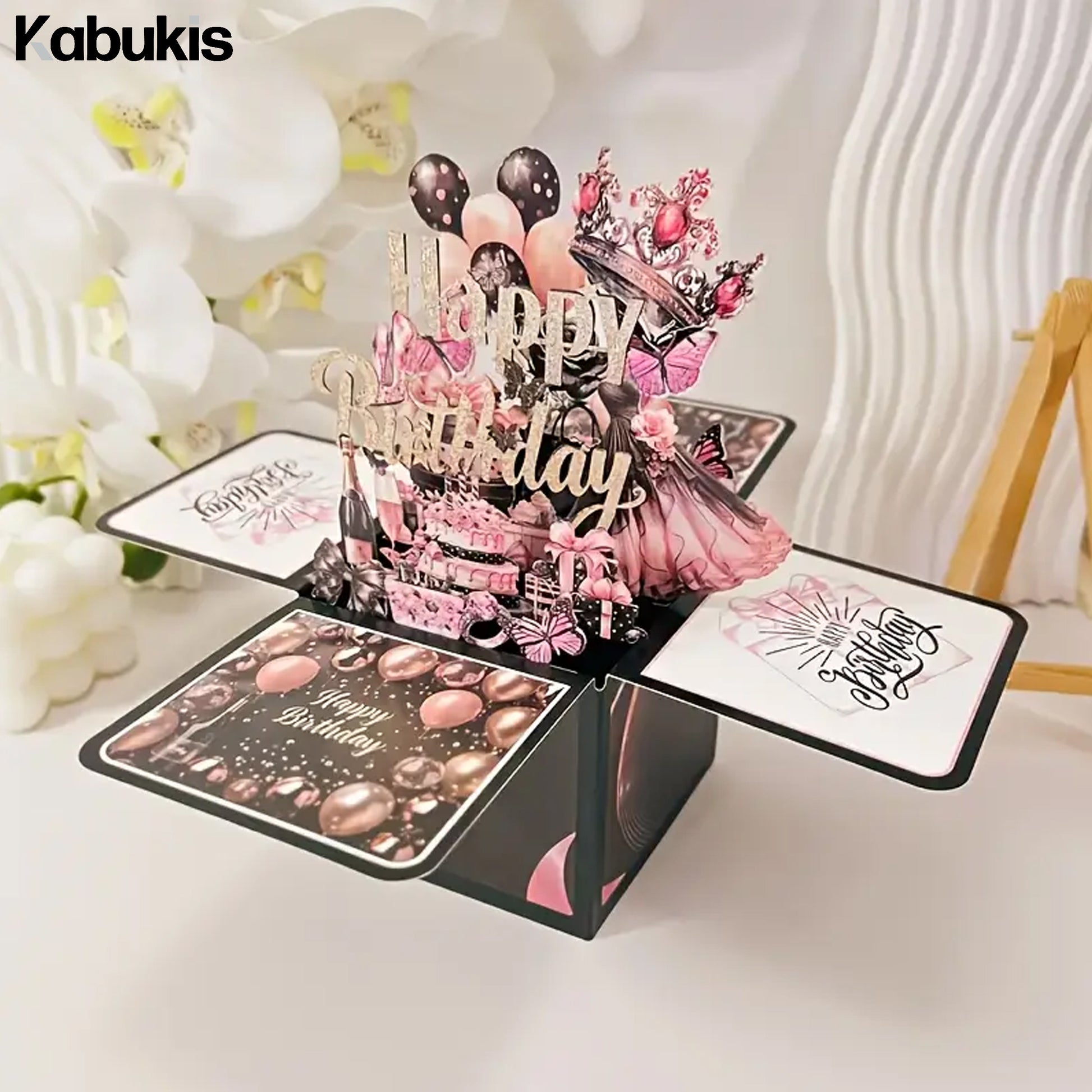 Black and Rose Gold 3D Pop - up Birthday Card Set - Elegant Surprise - Kabukis
