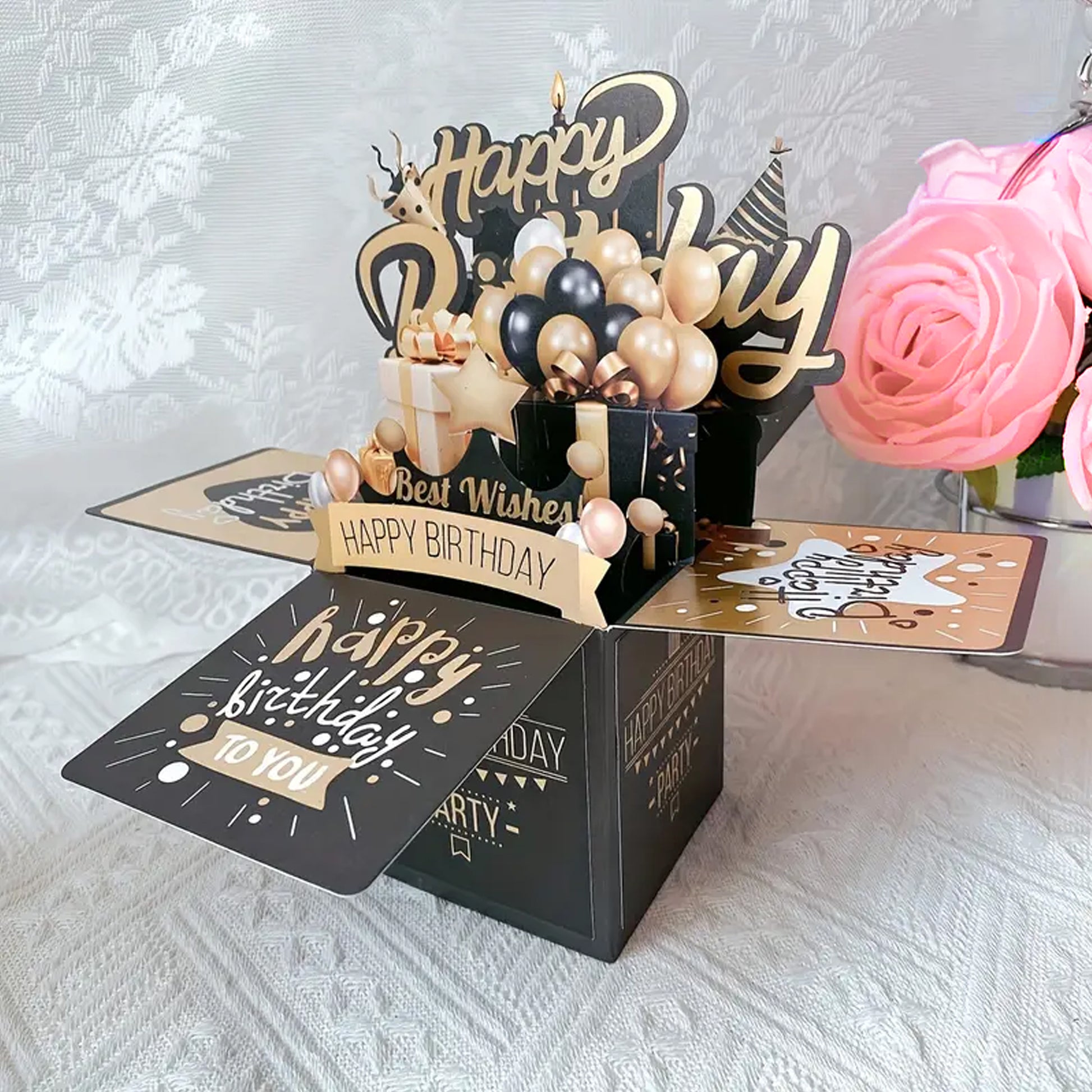 3D Pop - up Birthday Card Set - Elegant Black & Gold Card for Him or Her - Kabukis