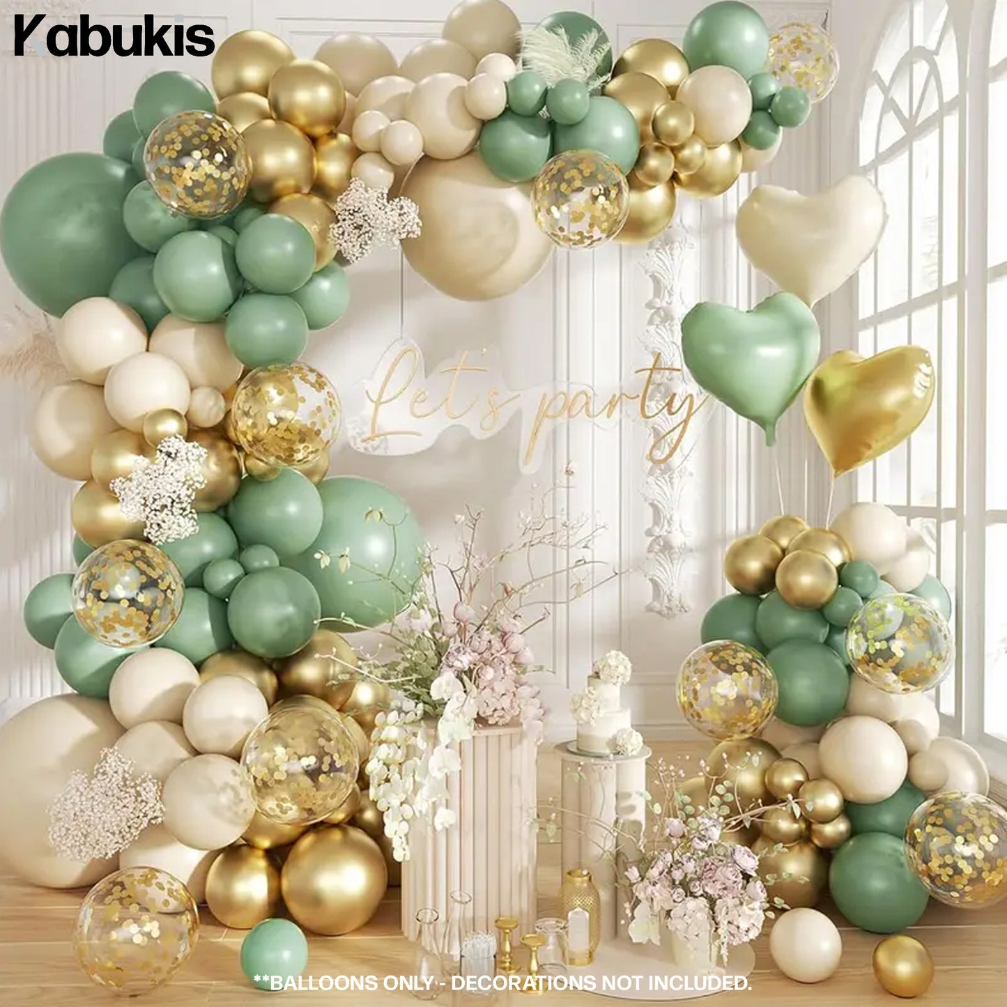Kabukis 48 Piece Sage Green, Golden & White Balloon Arch Kit - Easy Assembly - Kabukis