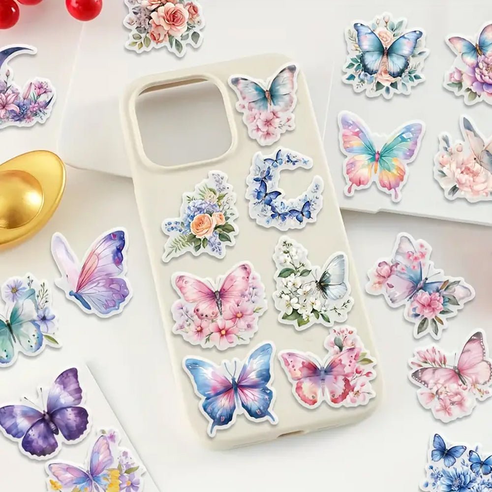 50Pcs Butterfly and Floral Stickers - PET Transparent - Kabukis
