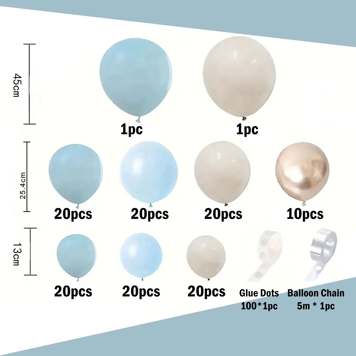 134 Pieces Blue, White & Golden Latex Balloon Arch Kit - Kabukis