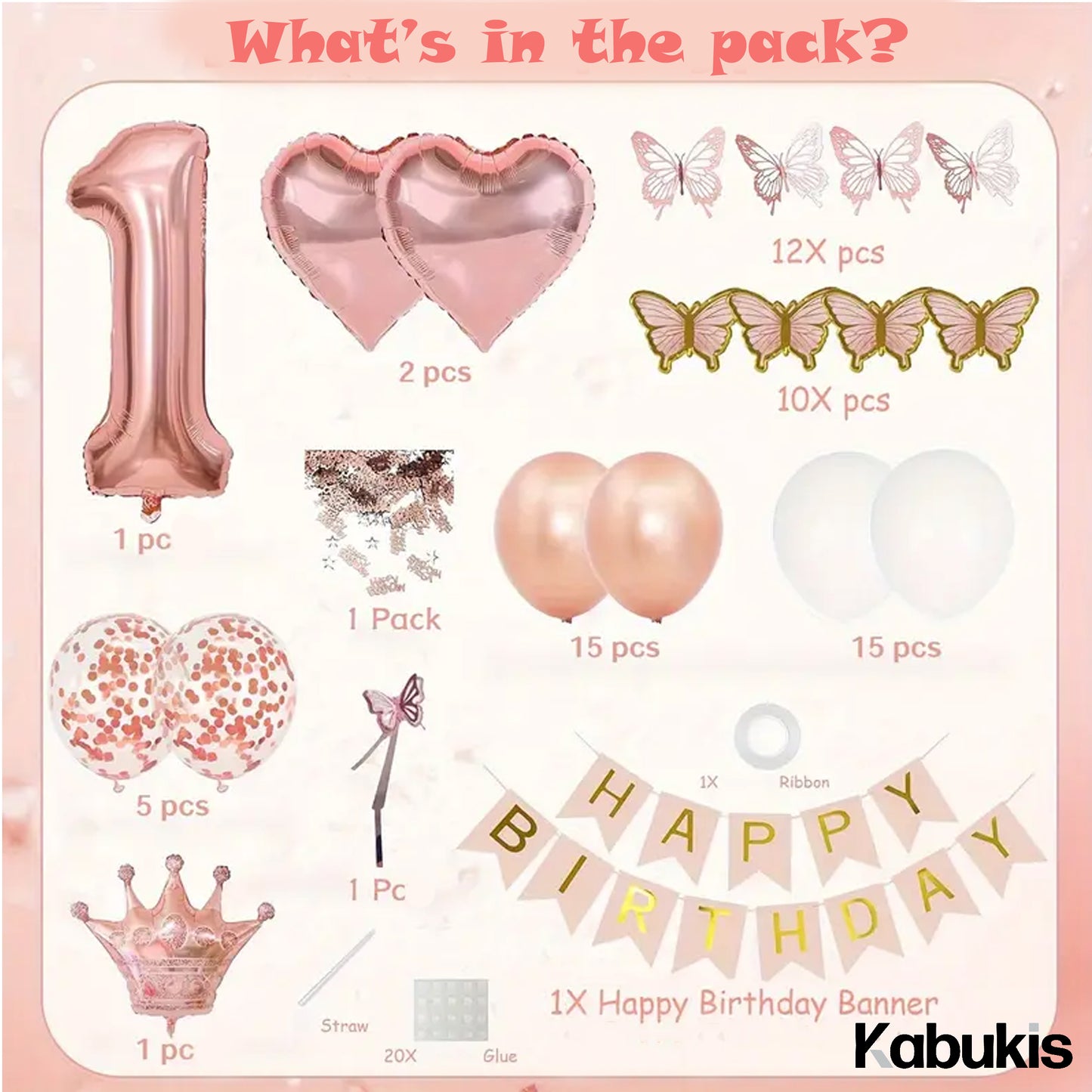 Kabukis 76 Pieces Rose Gold 1st Birthday Party Set - Glam for Her Big Day - Kabukis