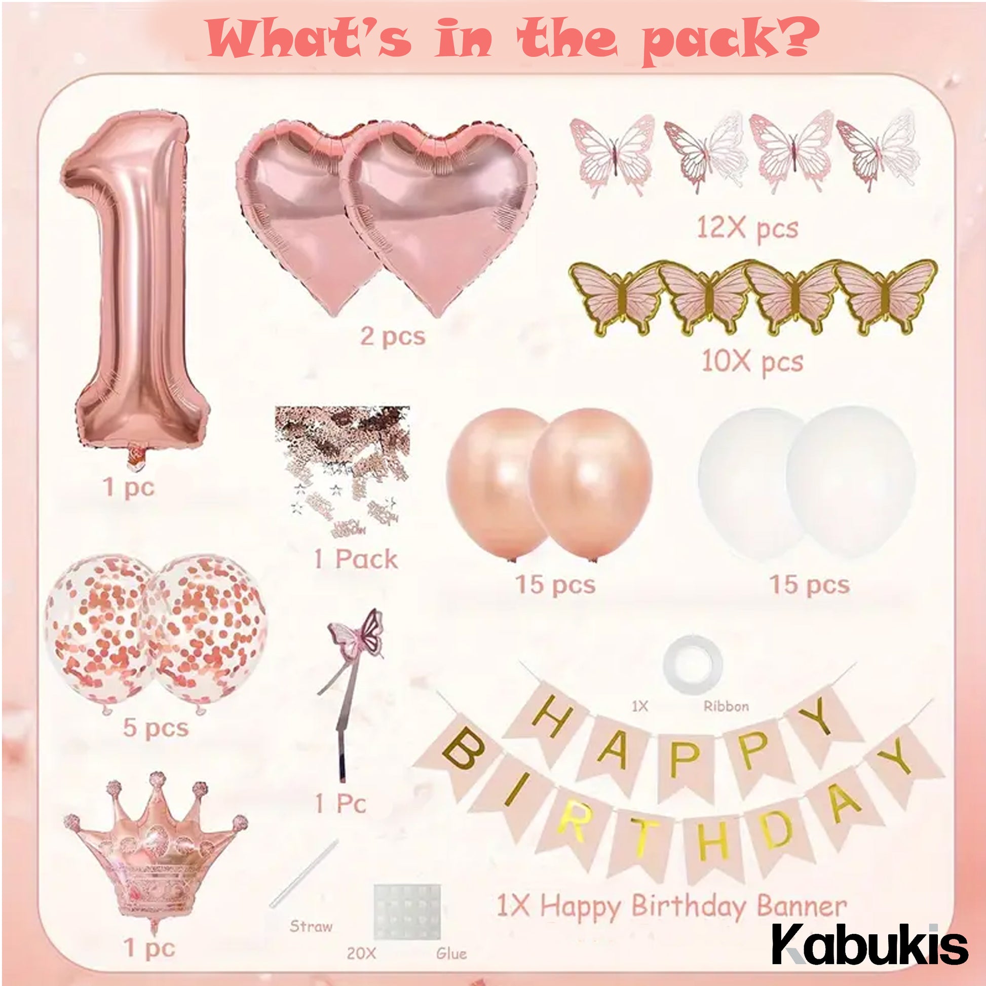 Kabukis 76 Pieces Rose Gold 1st Birthday Party Set - Glam for Her Big Day - Kabukis