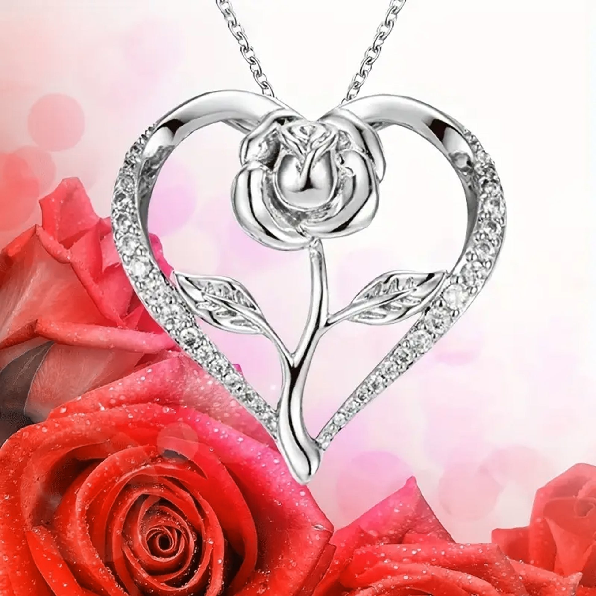 Cute Elegant Rose Flower Decor Rhinestone Heart Necklace - A Timeless Gift - Kabukis