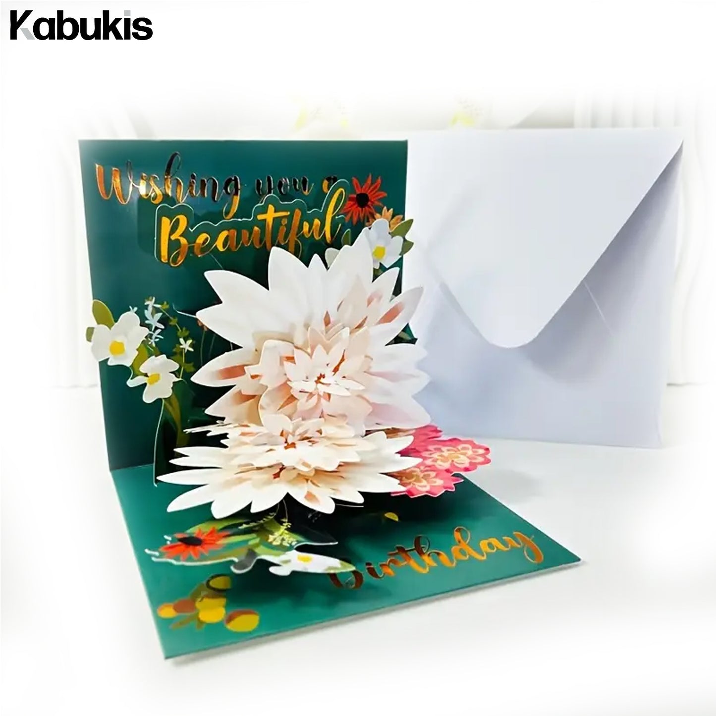 Kabukis 3D Pop - Up Floral Birthday Card - Vibrant Teal & Golden Delight - Kabukis