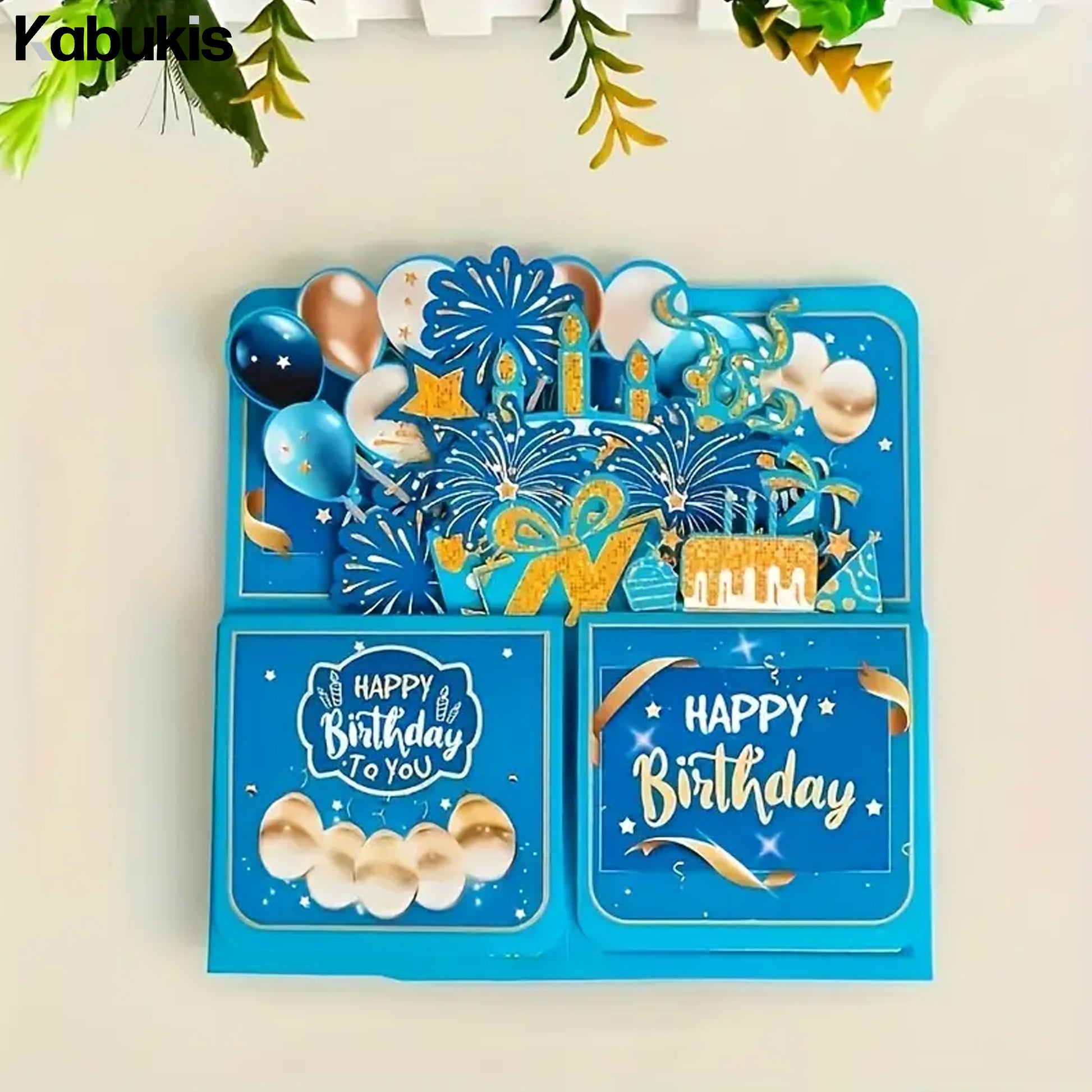 3D Pop - up Birthday Card Set - Elegant Blue & Gold Surprise for Him or Her - Kabukis