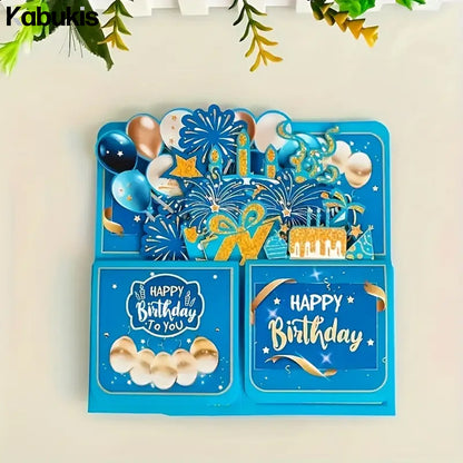 3D Pop - up Birthday Card Set - Elegant Blue & Gold Surprise for Him or Her - Kabukis