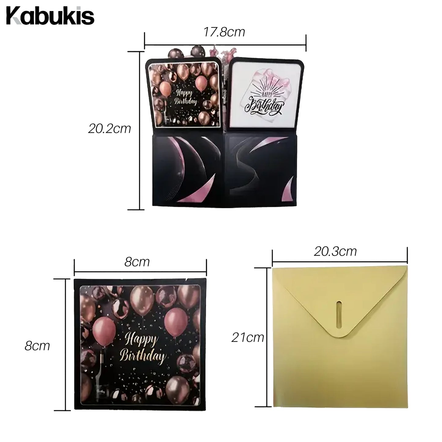 Black and Rose Gold 3D Pop - up Birthday Card Set - Elegant Surprise - Kabukis