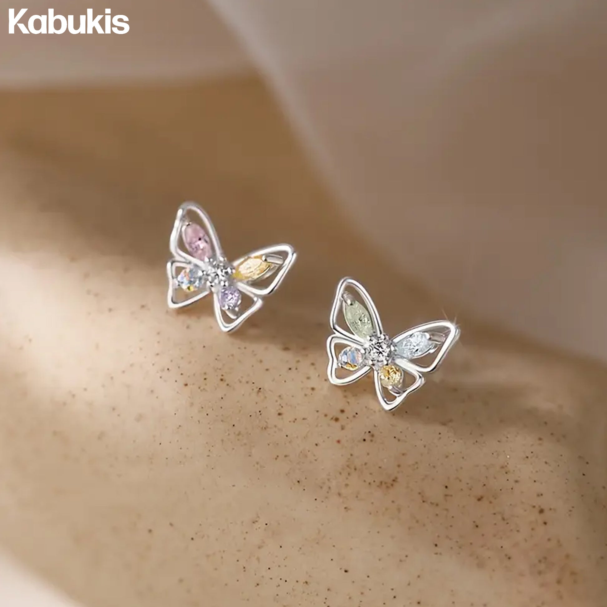 Kabukis Elegant Butterfly Stud Earrings - Korean Style with Rhinestones - Kabukis