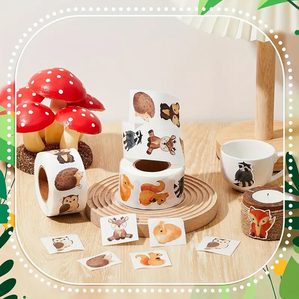 500pcs Watercolour Animal Stickers, Assorted Woodland Creatures Roll - Kabukis