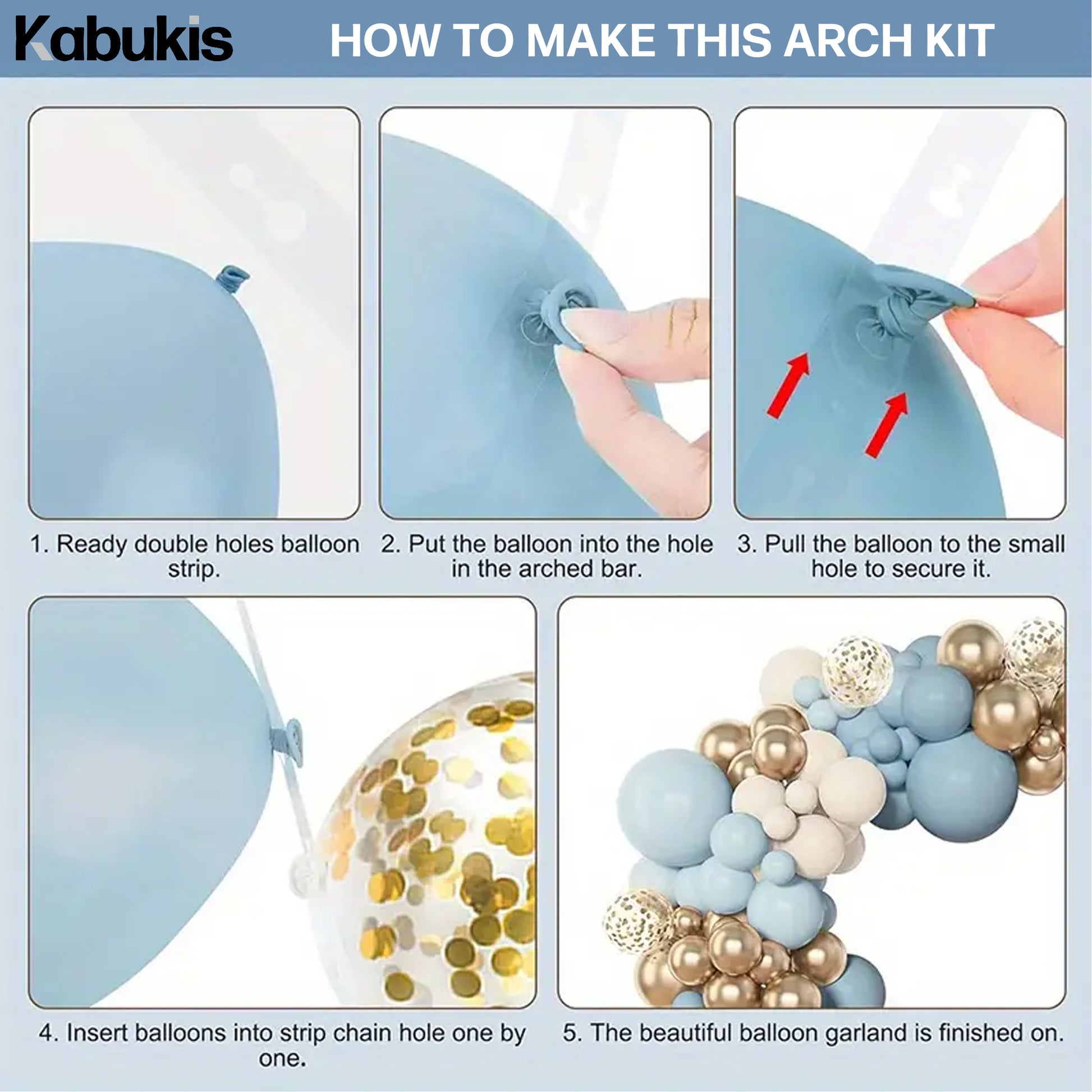 Kabukis Blue Balloon Garland Arch Kit - 97 Piece - White, Sand and Gold Balloons - Kabukis