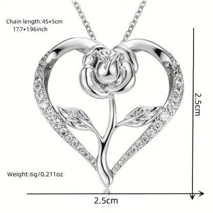 Cute Elegant Rose Flower Decor Rhinestone Heart Necklace - A Timeless Gift - Kabukis