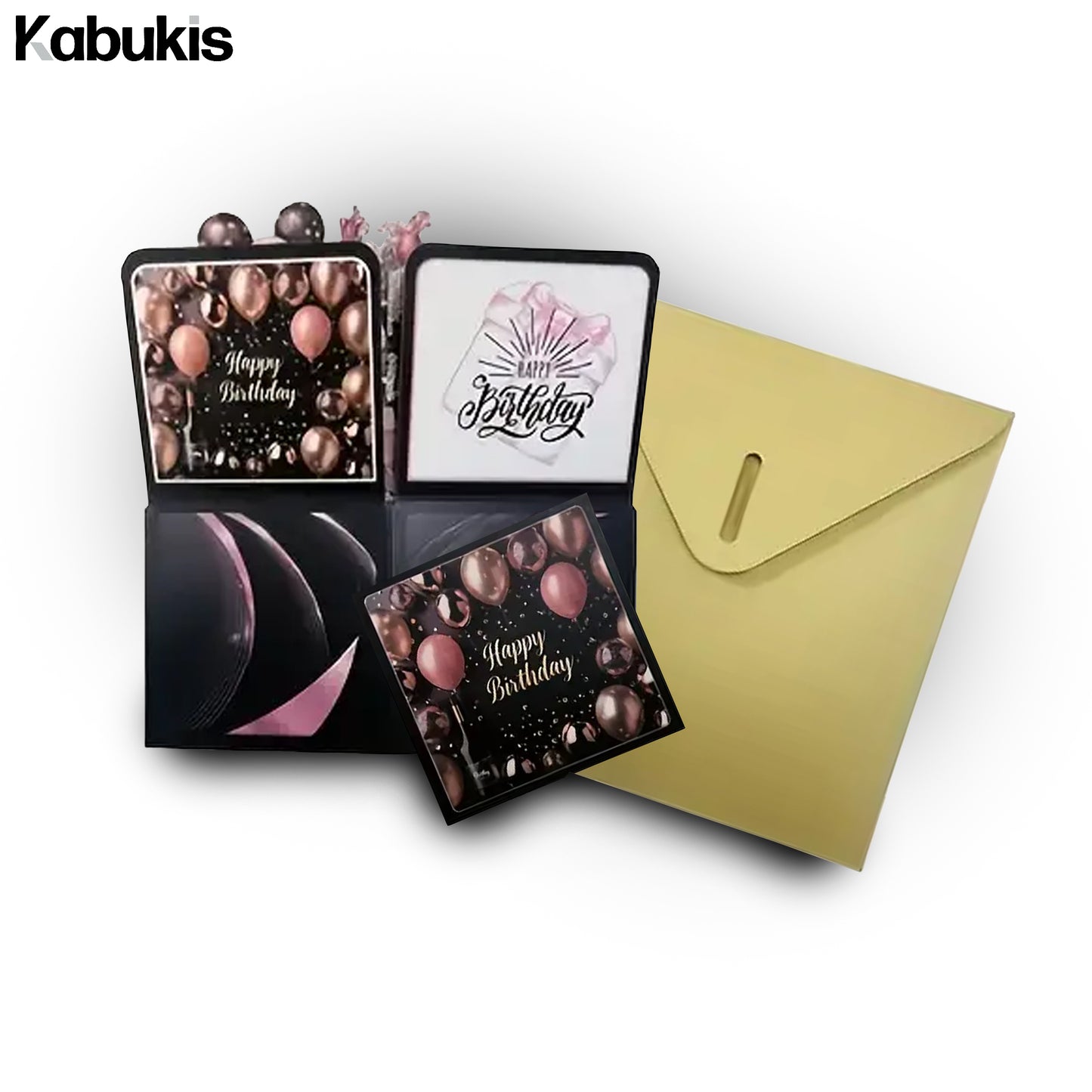 Black and Rose Gold 3D Pop - up Birthday Card Set - Elegant Surprise - Kabukis