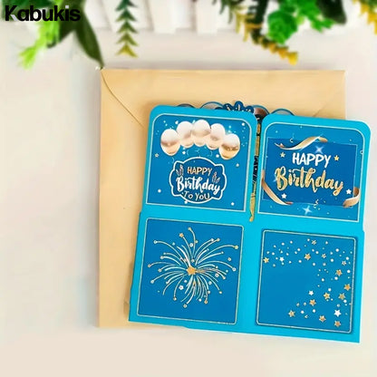 3D Pop - up Birthday Card Set - Elegant Blue & Gold Surprise for Him or Her - Kabukis