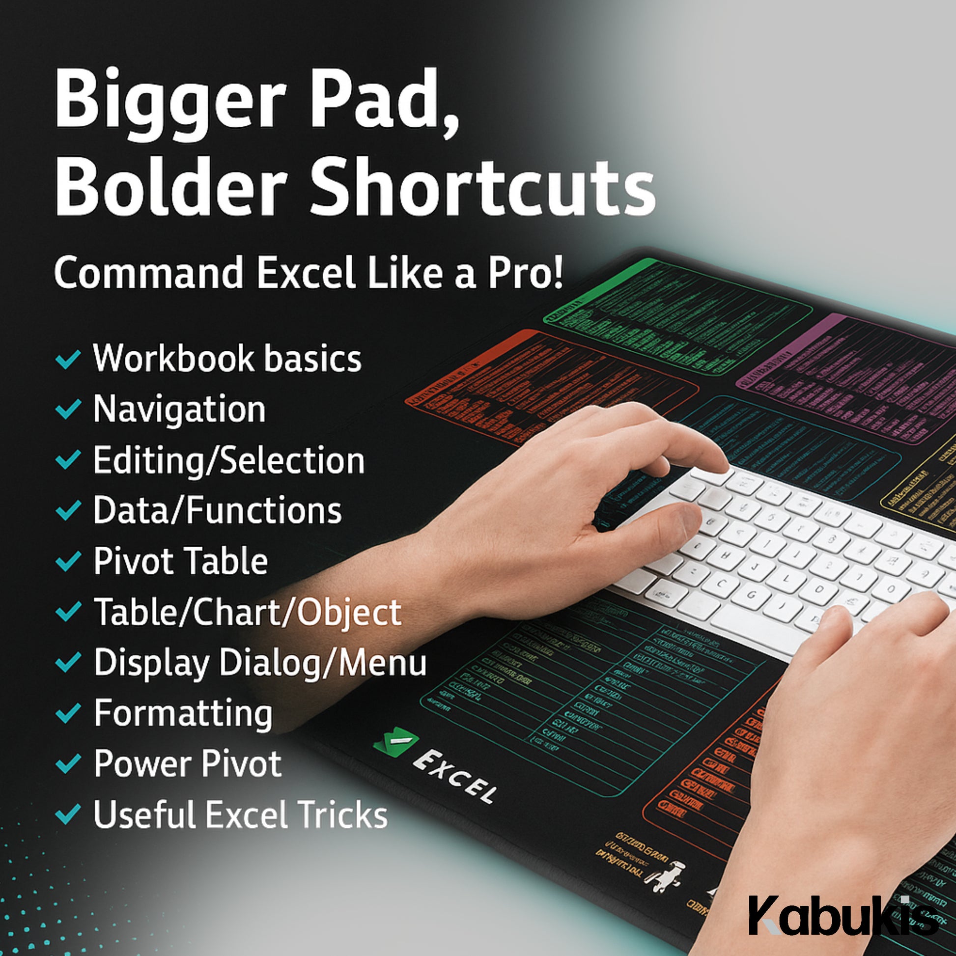 Kabukis XXL Excel Shortcut Keyboard Mouse Pad - 90 x 40cm Rubber Mat - Kabukis
