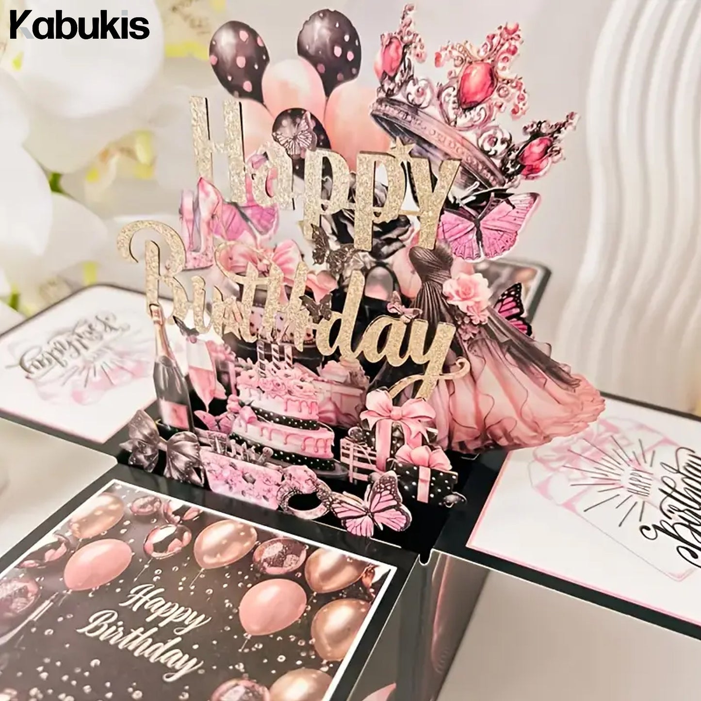 Black and Rose Gold 3D Pop - up Birthday Card Set - Elegant Surprise - Kabukis