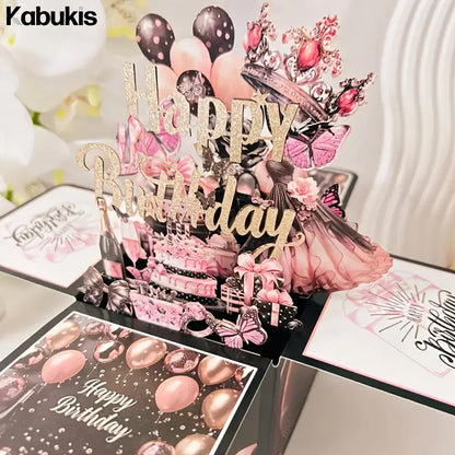 Black and Rose Gold 3D Pop - up Birthday Card Set - Elegant Surprise - Kabukis