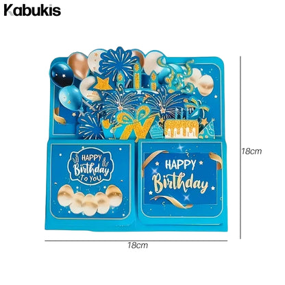 3D Pop - up Birthday Card Set - Elegant Blue & Gold Surprise for Him or Her - Kabukis