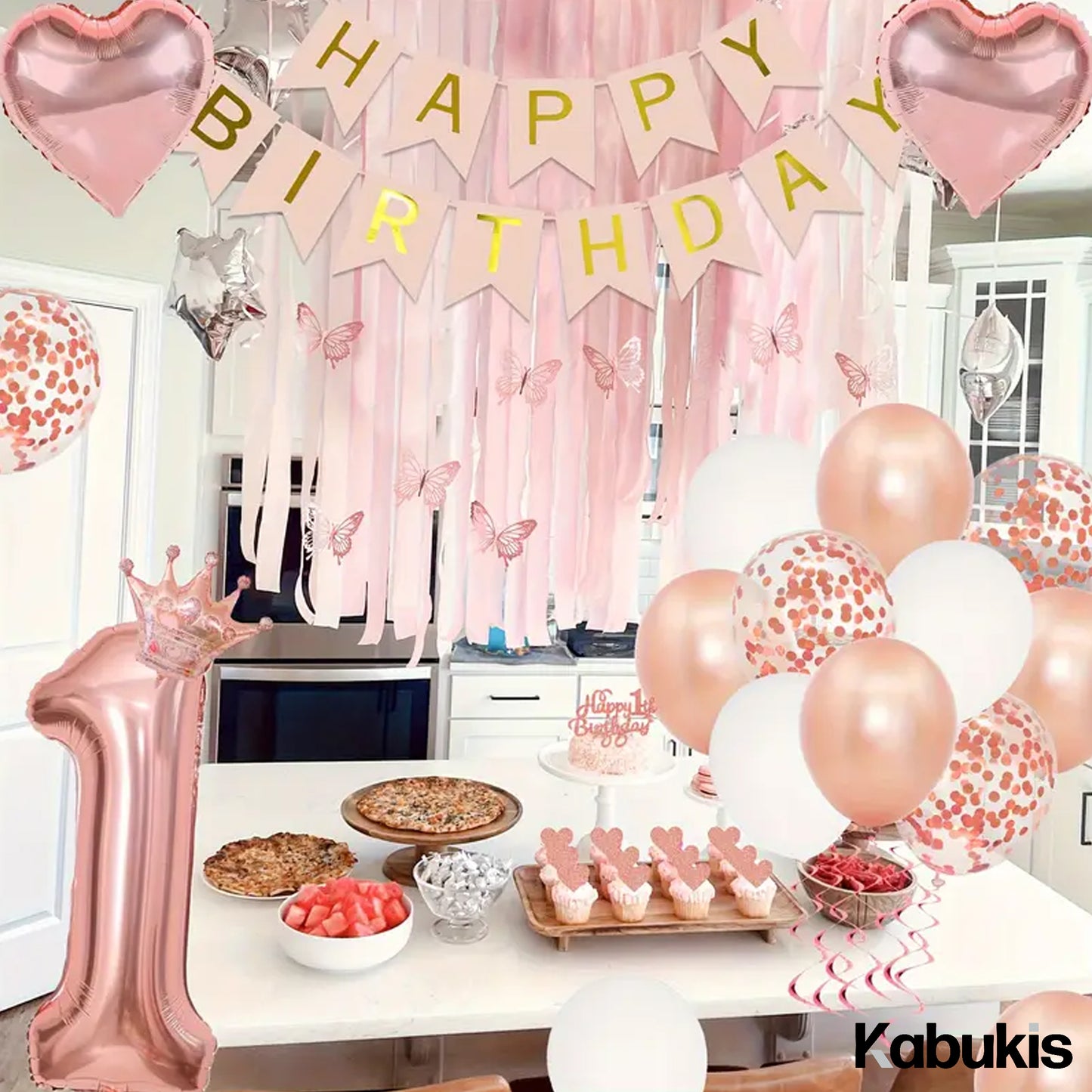Kabukis 76 Pieces Rose Gold 1st Birthday Party Set - Glam for Her Big Day - Kabukis