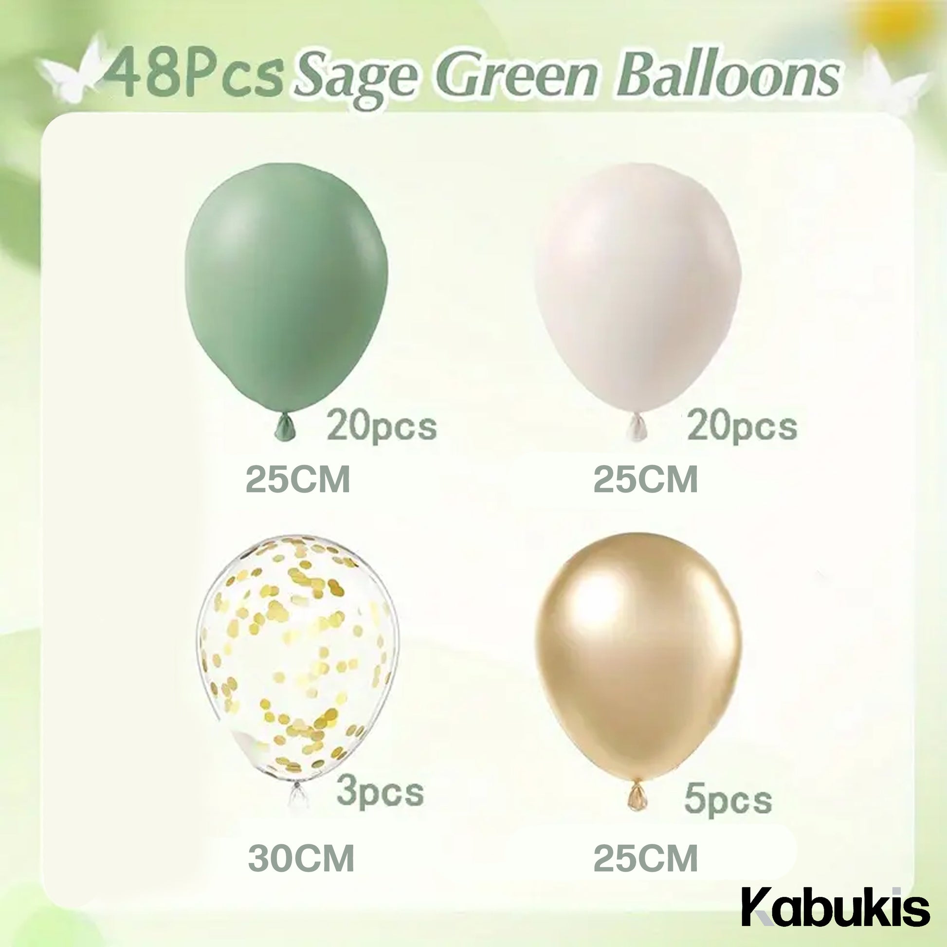 Kabukis 48 Piece Sage Green, Golden & White Balloon Arch Kit - Easy Assembly - Kabukis