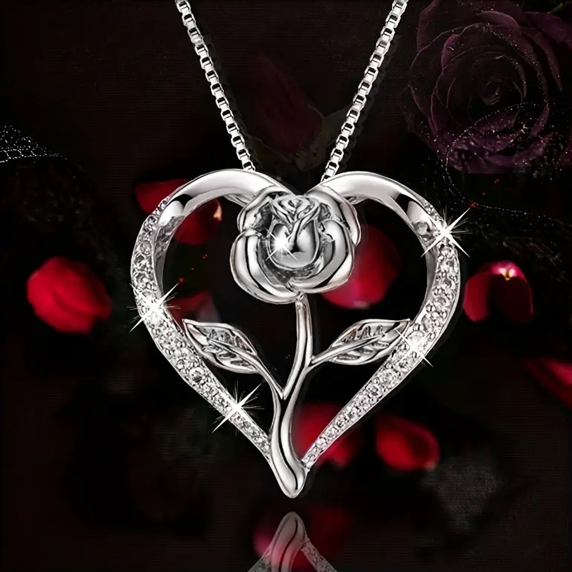 Cute Elegant Rose Flower Decor Rhinestone Heart Necklace - A Timeless Gift - Kabukis