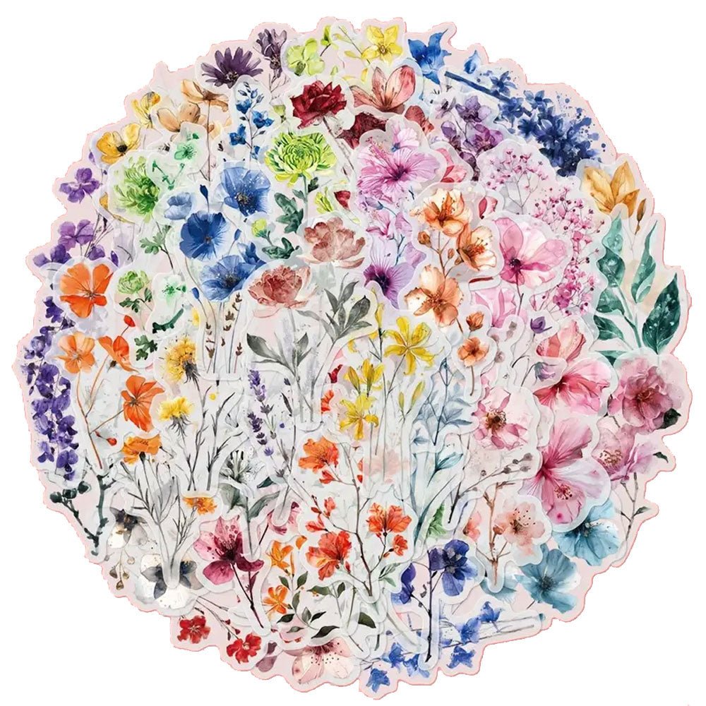 50 Pieces Transparent Watercolour Floral Art Stickers Matte - Kabukis
