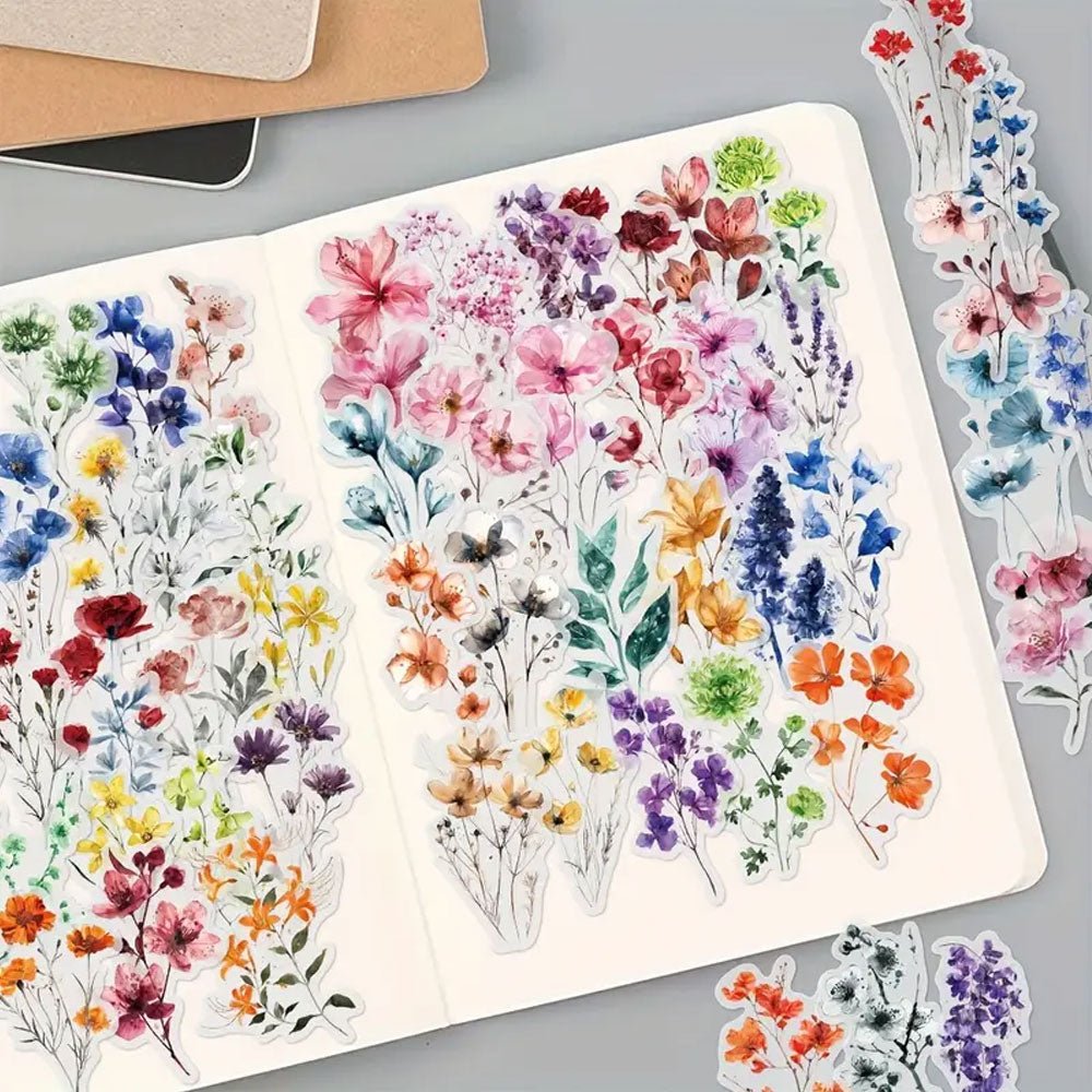 50 Pieces Transparent Watercolour Floral Art Stickers Matte - Kabukis