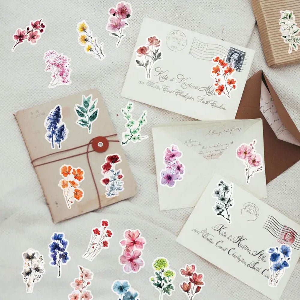 50 Pieces Transparent Watercolour Floral Art Stickers Matte - Kabukis