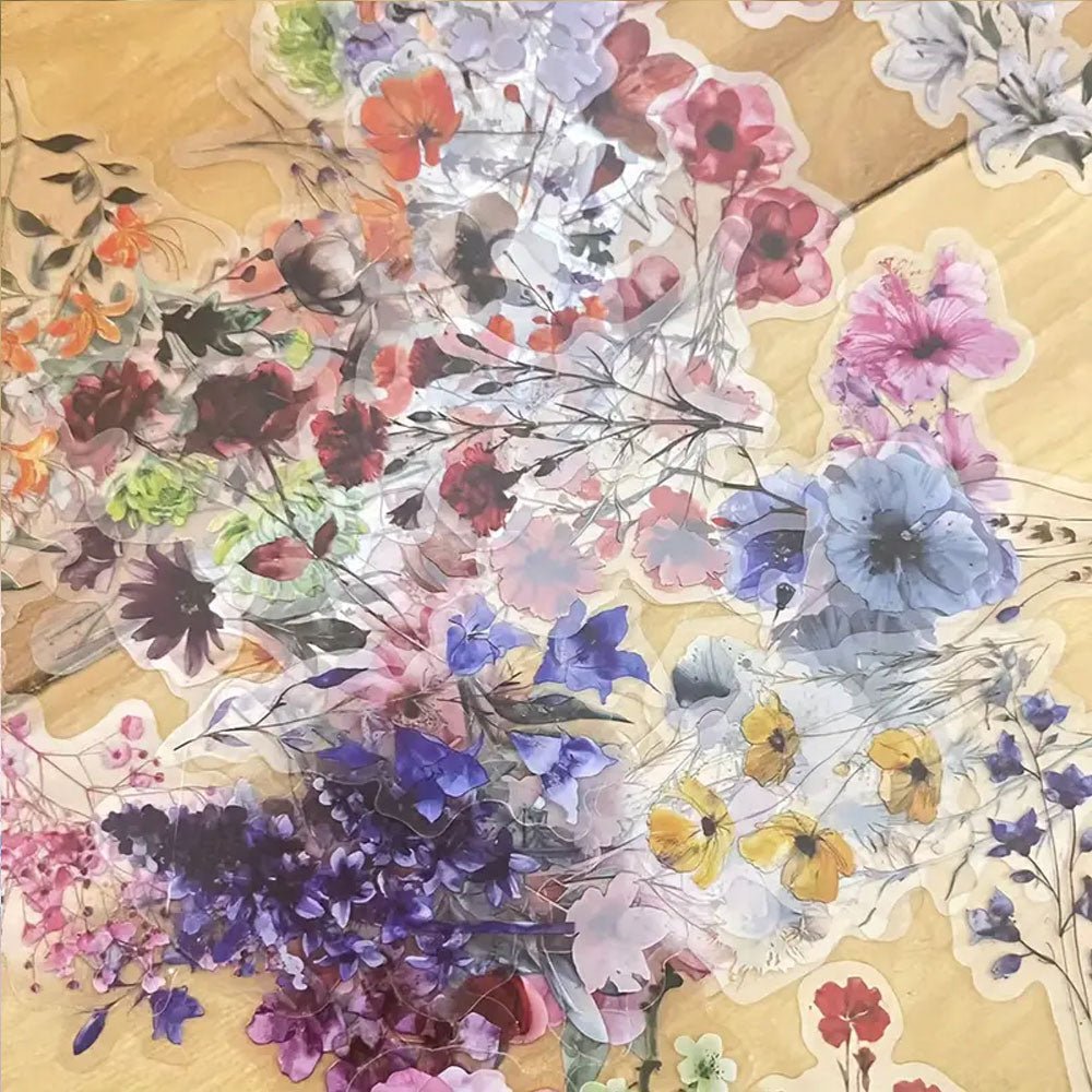50pcs Transparent Floral Stickers PET Material, Self - Adhesive - Kabukis