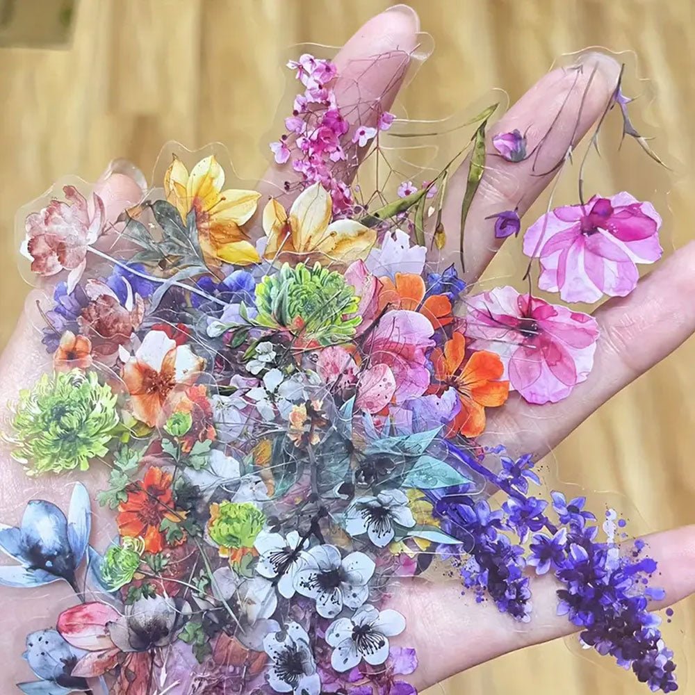 50pcs Transparent Floral Stickers PET Material, Self - Adhesive - Kabukis