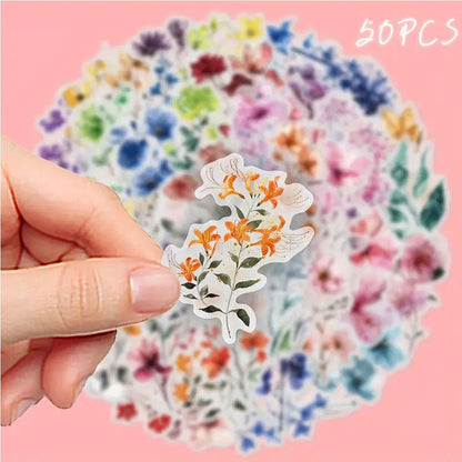 50 Pieces Transparent Watercolour Floral Art Stickers Matte - Kabukis