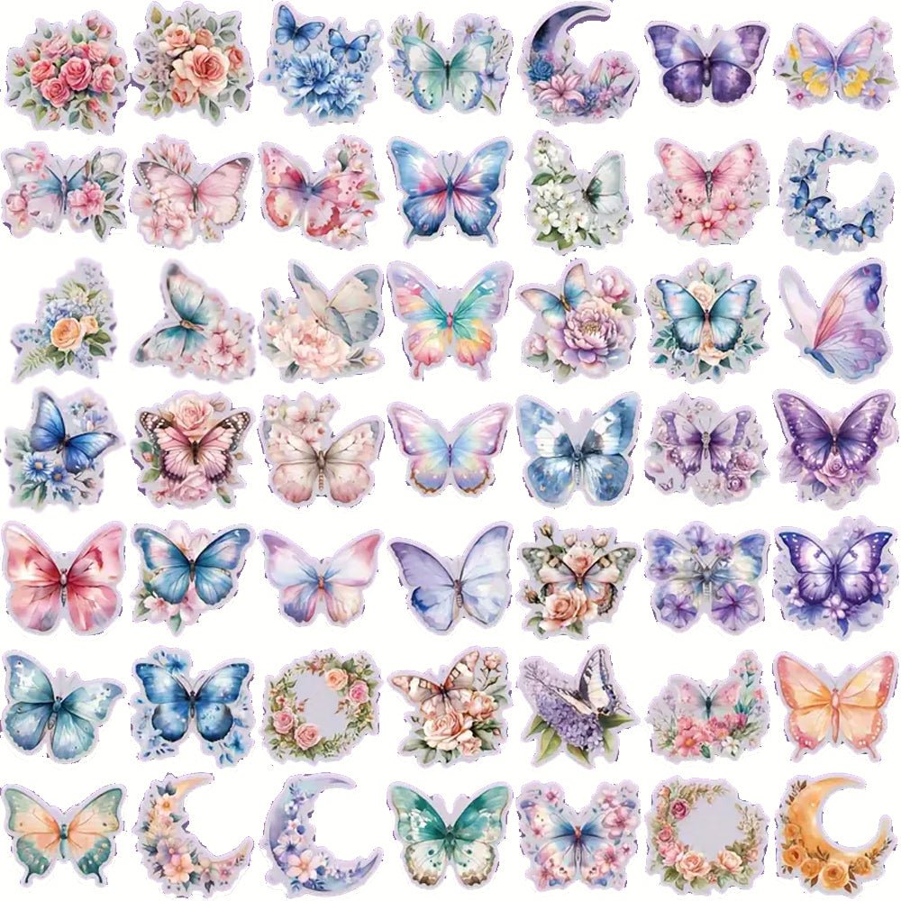 50Pcs Butterfly and Floral Stickers - PET Transparent - Kabukis