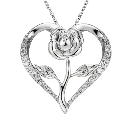 Cute Elegant Rose Flower Decor Rhinestone Heart Necklace - A Timeless Gift - Kabukis