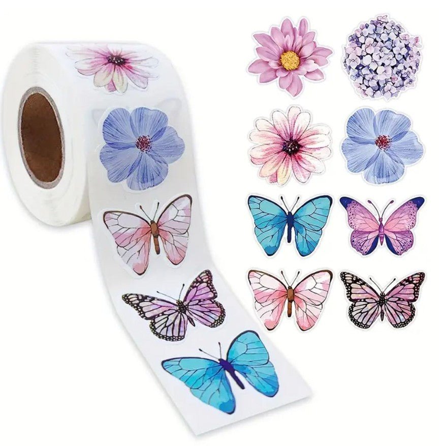500pcs Bright & Attractive Butterfly &Flower Shaped Gift Wrap Sticker Roll - Kabukis