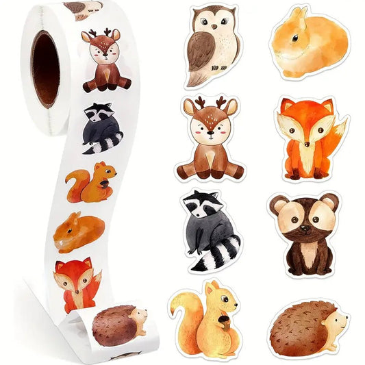 500pcs Watercolour Animal Stickers, Assorted Woodland Creatures Roll - Kabukis