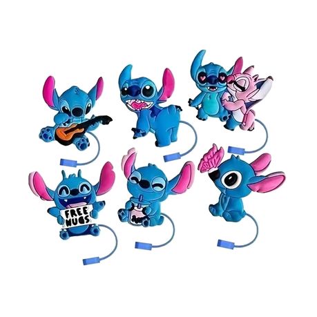 6 Pieces Stitch Reusable Silicone Straw Hats - Clip - On Tumbler Cover Tips Lids - Kabukis