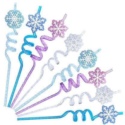 12 Frozen Snowflake Reusable Drinking Straws - Glitter Spiral Cocktail Set - Kabukis