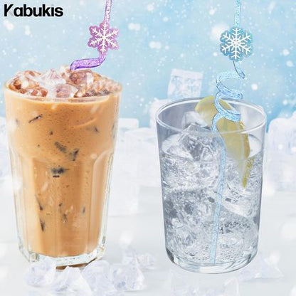 12 Frozen Snowflake Reusable Drinking Straws - Glitter Spiral Cocktail Set - Kabukis