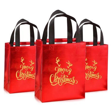 3pk Red Foil Merry Christmas Gift Bags - Reusable Festive Tote Bag Set! - Kabukis