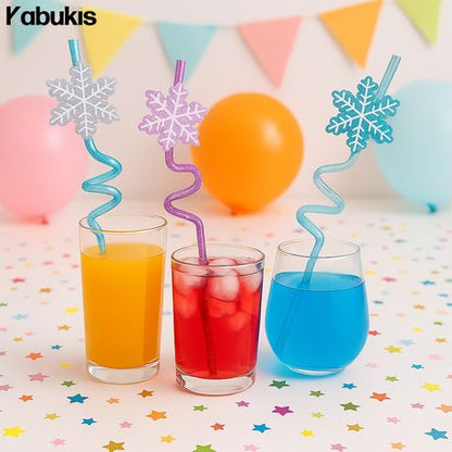 12 Frozen Snowflake Reusable Drinking Straws - Glitter Spiral Cocktail Set - Kabukis