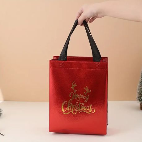 3pk Red Foil Merry Christmas Gift Bags - Reusable Festive Tote Bag Set! - Kabukis