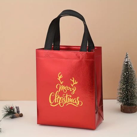 3pk Red Foil Merry Christmas Gift Bags - Reusable Festive Tote Bag Set! - Kabukis